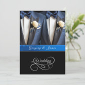Wedding Blue Tuxedos White Roses Einladung (Stehend Vorderseite)