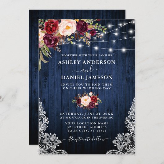 Wedding Blue Wood Burgundy Blumen Lights Lace Einladung (Vorne/Hinten)