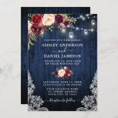 Wedding Blue Wood Burgundy Floral Jar Lights Lace Einladung (Vorne/Hinten)