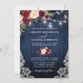 Wedding Blue Wood Burgundy Floral Jar Lights Lace Einladung