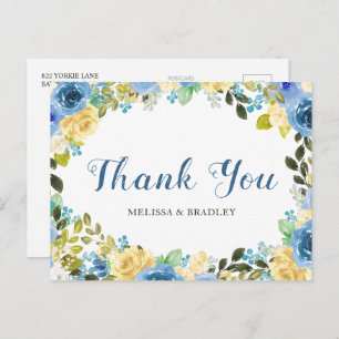 Wedding Blue Yellow Floral Vielen Dank Postcard Postkarte