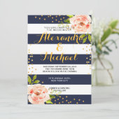 Wedding Blumenmarine-blaue Streifen-u. Einladung (Stehend Vorderseite)
