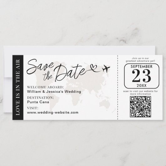Wedding Boarding Pass Save The Date With QR Code Karte (Vorderseite)
