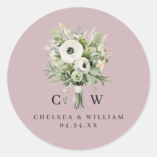 Wedding Bouquet Monogram Runder Aufkleber (Vorderseite)