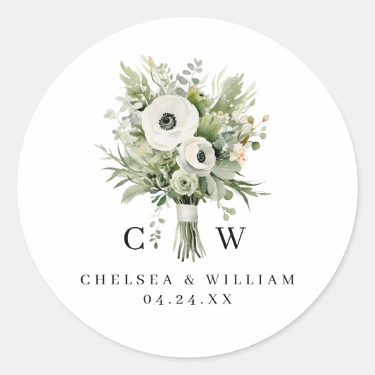 Wedding Bouquet Monogram Runder Aufkleber (Vorderseite)