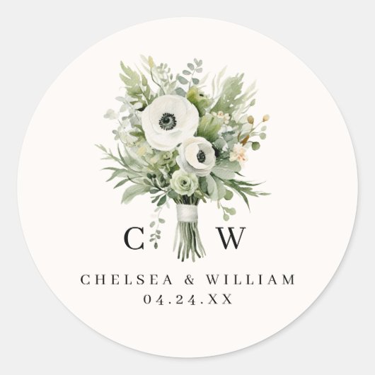 Wedding Bouquet Monogram Runder Aufkleber (Vorderseite)