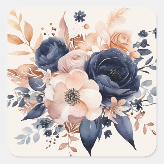Wedding Bouquet Navy Peach Kupfer Quadratischer Aufkleber (Vorderseite)