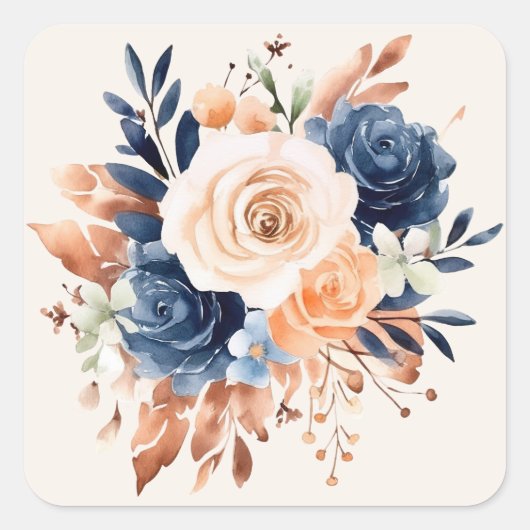 Wedding Bouquet Navy Peach Kupfer Quadratischer Aufkleber (Vorderseite)