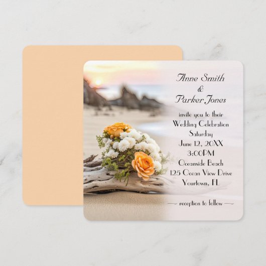Wedding Bouquet on Beach Driftwood Einladung (Vorne/Hinten)