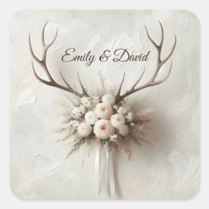Wedding Bouquet und Deer Antlers Quadratischer Aufkleber
