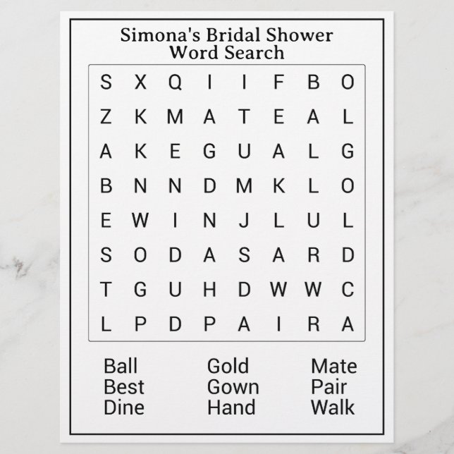 Wedding Bridal Shower Word Search Activity (Vorderseite)