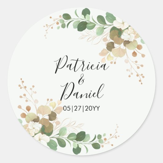 Wedding Bride Groom Name Green Floral Eucalyptus Runder Aufkleber (Vorderseite)