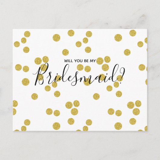 Wedding Bridesmaid | Gold Confetti Script Postcard Einladungspostkarte (Vorderseite)
