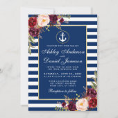 Wedding Burgundy Nautical Blue Stripes Einladung B (Vorderseite)