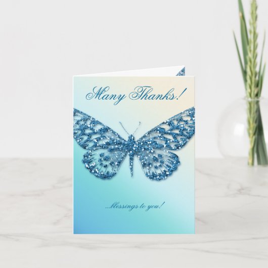 Wedding Butterfly Vielen Dank Card Blue Glitzer Dankeskarte (Vorderseite)