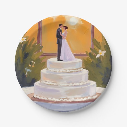 Wedding Cake Bride & Groom Brunette Watercolor Pappteller (Vorderseite)