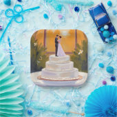 Wedding Cake Bride & Groom Brunette Watercolor Pappteller (Party)