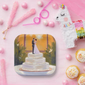 Wedding Cake Bride & Groom Brunette Watercolor Pappteller (Party)