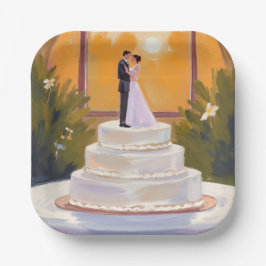 Wedding Cake Bride & Groom Brunette Watercolor Pappteller
