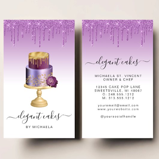 Wedding Cake Glitter Drip Purple Bakery Visitenkarte