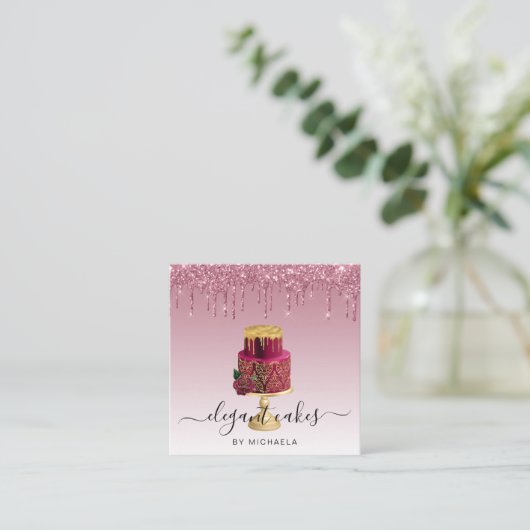 Wedding Cake Glitzer Tropfen Burgundy Bäckerei Quadratische Visitenkarte (Stehend Vorderseite)
