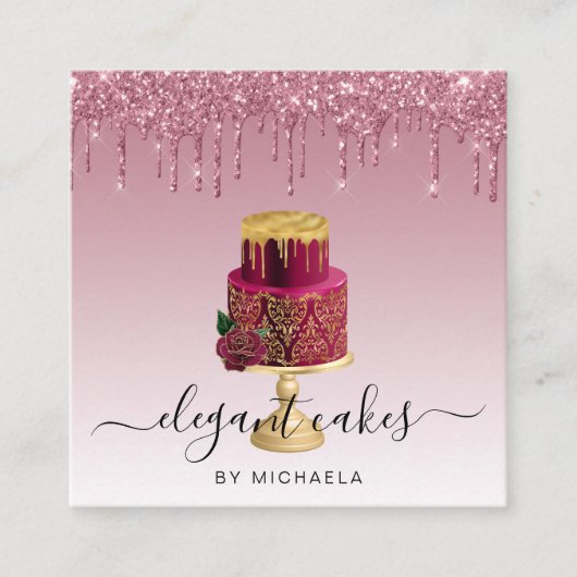 Wedding Cake Glitzer Tropfen Burgundy Bäckerei Quadratische Visitenkarte (Vorderseite)