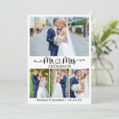 Wedding Calligraphy Heart Mr. and Mrs. 4 Photo Dankeskarte (Stehend Vorderseite)