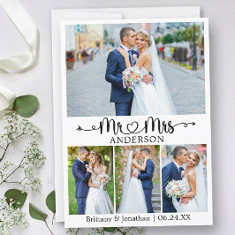 Wedding Calligraphy Heart Mr. and Mrs. 4 Photo Dankeskarte