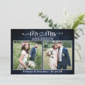 Wedding Calligraphy Heart Mr. Mrs. Blue Wood Dankeskarte (Stehend Vorderseite)