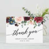 Wedding Calligraphy l Burgundy Blue Floral Dankeskarte (Stehend Vorderseite)