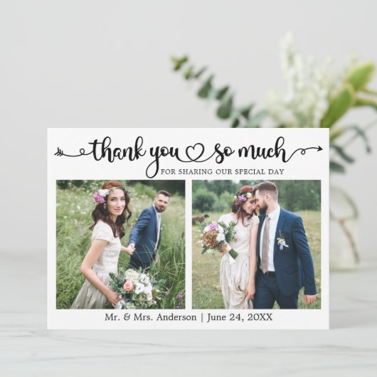 Wedding Calligraphy Script Heart 2 Photo Dankeskarte (Stehend Vorderseite)