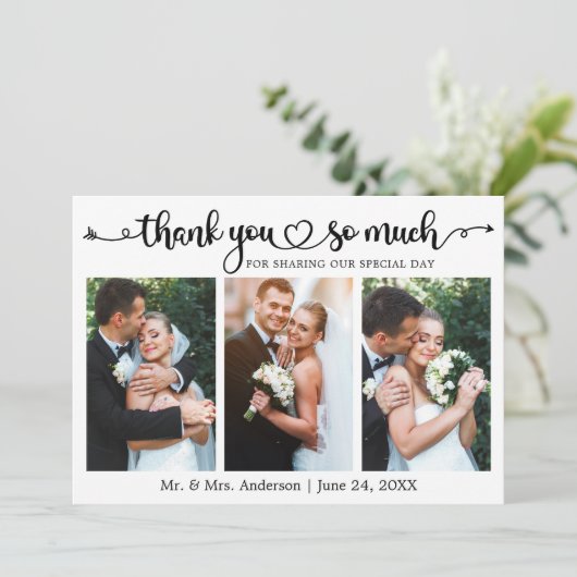 Wedding Calligraphy Script Heart 3 Photo Dankeskarte (Stehend Vorderseite)