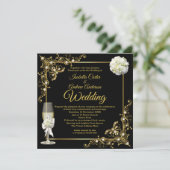 Wedding Champagne Black Gold Pearl Foto Einladung (Stehend Vorderseite)