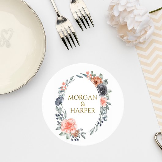 Wedding Coaster with Soft Peach & Blue Flowers Runder Pappuntersetzer