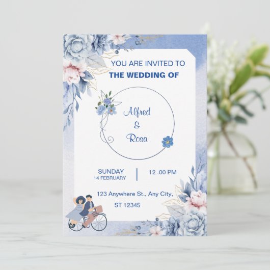 Wedding Couple Image Soft Blue Einfache Einladung (Stehend Vorderseite)