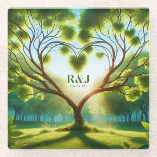 Wedding Couple Monogram Green Glasuntersetzer (Vorderseite)