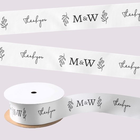 Wedding Couple Monogram Thank You Botanical Leaf Satinband