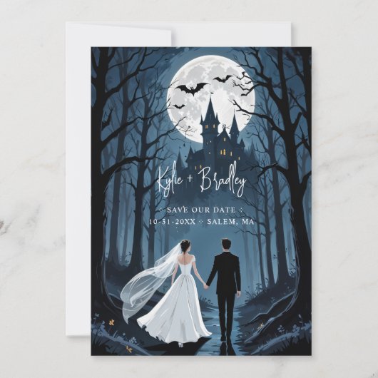 Wedding Couple Spooky Forest Toward Haunted Castle Save The Date (Vorderseite)