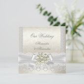 Wedding Cream White Pearl Lace Damask Diamond Einladung (Stehend Vorderseite)