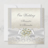 Wedding Cream White Pearl Lace Damask Diamond Einladung (Vorderseite)