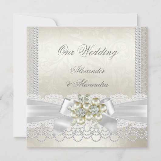 Wedding Cream White Pearl Lace Damask Diamond Einladung (Vorderseite)