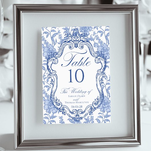 Wedding Crest Delft Blue Floral Elegant Script Tischnummer