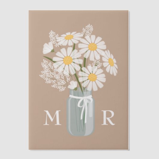 Wedding Daisies Mason Jar Monogram Initials Beige Pergament Einladungen (Vorderseite)