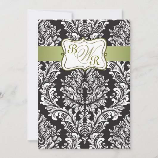 Wedding Damastschwarz-, weiße und Grüne Monogramme Einladung (Vorderseite)