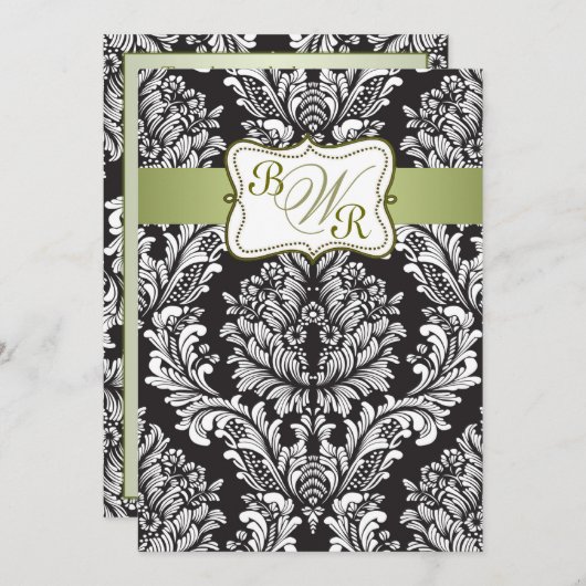 Wedding Damastschwarz-, weiße und Grüne Monogramme Einladung (Vorne/Hinten)