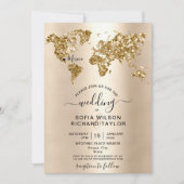 Wedding Destination Glitzer Gold Weltkarte Einladung (Vorderseite)