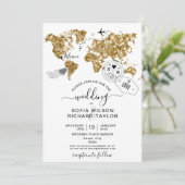 Wedding Destination Glitzer Gold Weltkarte Einladung (Stehend Vorderseite)