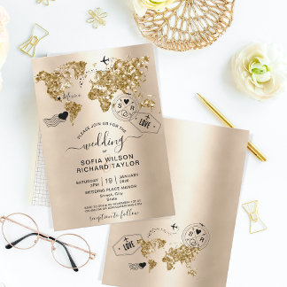 Wedding Destination Glitzer Gold Weltkarte Einladung