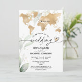 Wedding Destination Gold Weltkarte Einladung (Stehend Vorderseite)