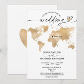 Wedding Destination Gold Weltkarte Einladung zum H (Vorne/Hinten)